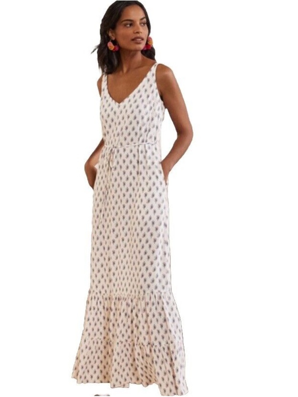 NWT Boden Sleeveless White Printed Maxi Dress with Tie Waist Size 14